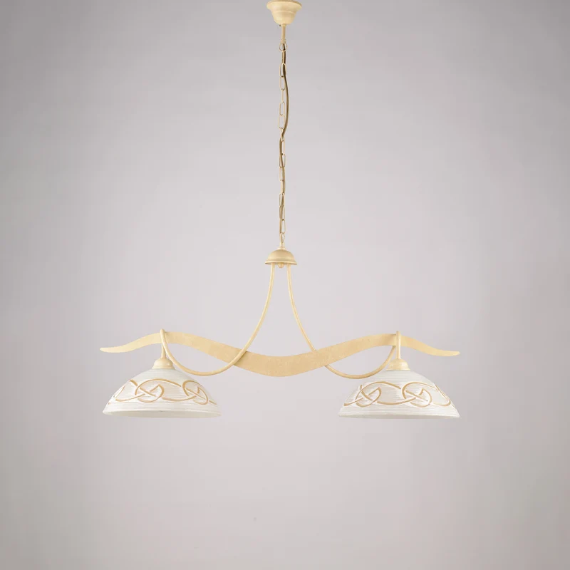 Lampadario avorio decapè, vetro bianco ambra, 2 luci, L.89x30 cm