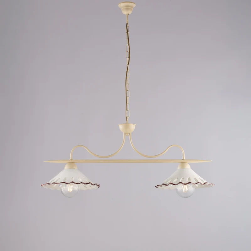 Lampadario avorio decapè, ceramica bianco marrone, 2 luci, L.83x30 cm