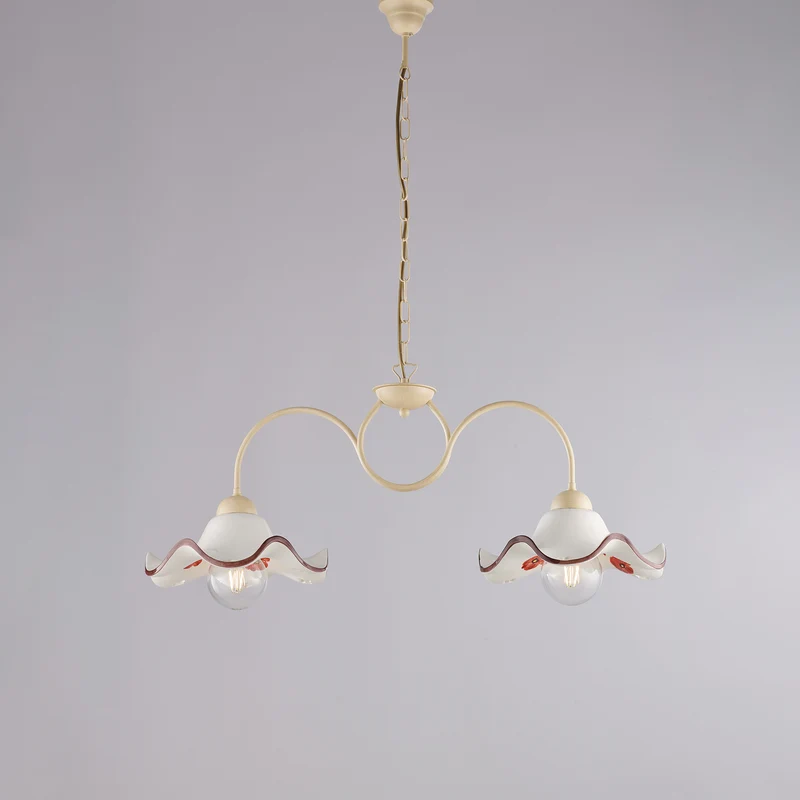 Lampadario avorio decapè, ceramica bianco marrone, 2 luci, L.81x30 cm