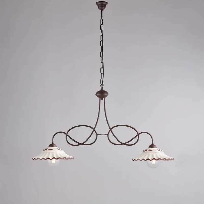 Lampadario nero ruggine, ceramica bianco marrone, 2 luci, L.98x30 cm