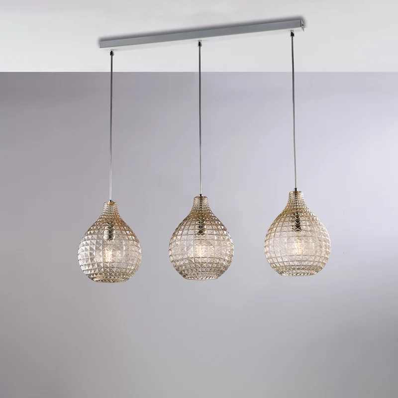 Binario Ferro Bianco Cromo 3 Luci Vetro Ambra 88x21 H32-132 cm