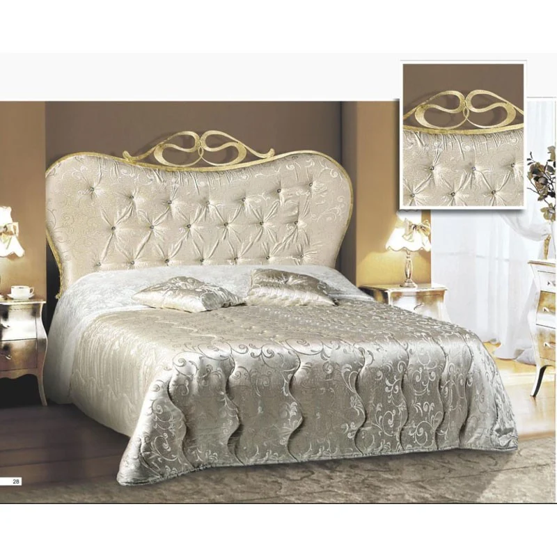 Letto matrimoniale in ferro con testiera imbottita tessuto damascato 172x202xh.140 cm
