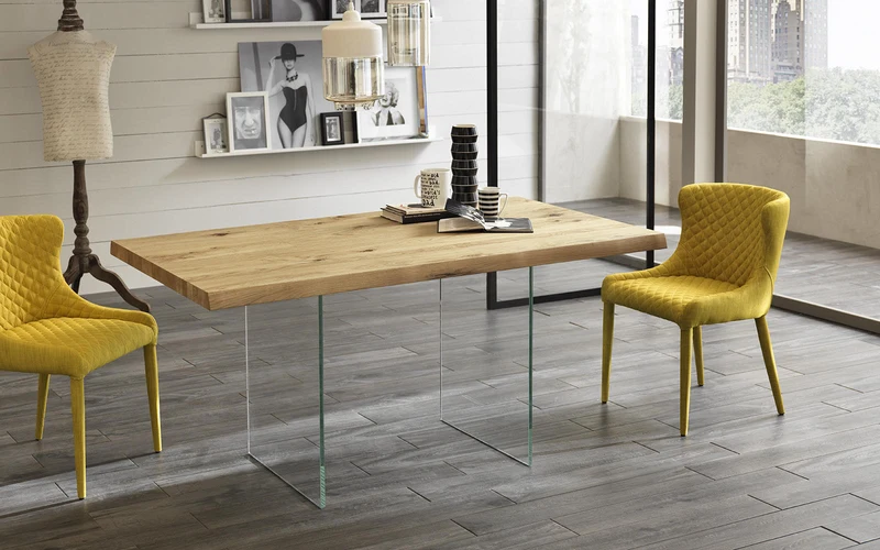 Tavolo allungabile in rovere impillacciato e gambe in vetro temperato 160/240x90x76h cm