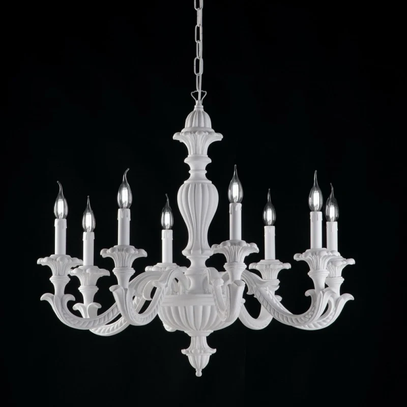 Lampadario impero in legno e pasta di legno bianco shabby 8 luci