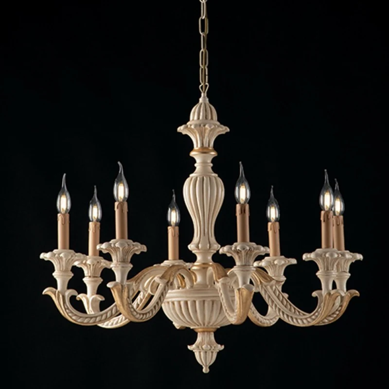 Lampadario in legno Avorio e foglia Oro otto luci 80x h70 cm