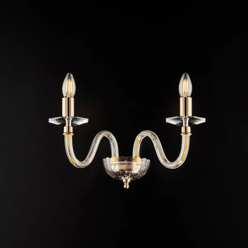 Applique in ferro dorato con vetro trasparente 2 luci H.22 - L.39 - P.25