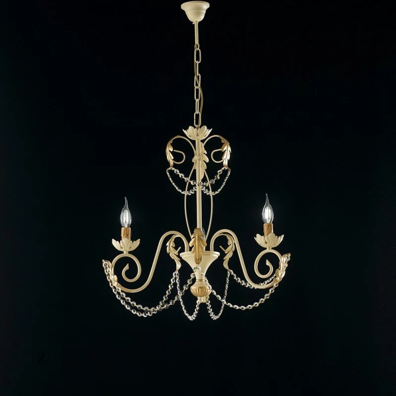 Lampadario in ferro Avorio Decape Oro strass damasco tre luci 47x h60 cm
