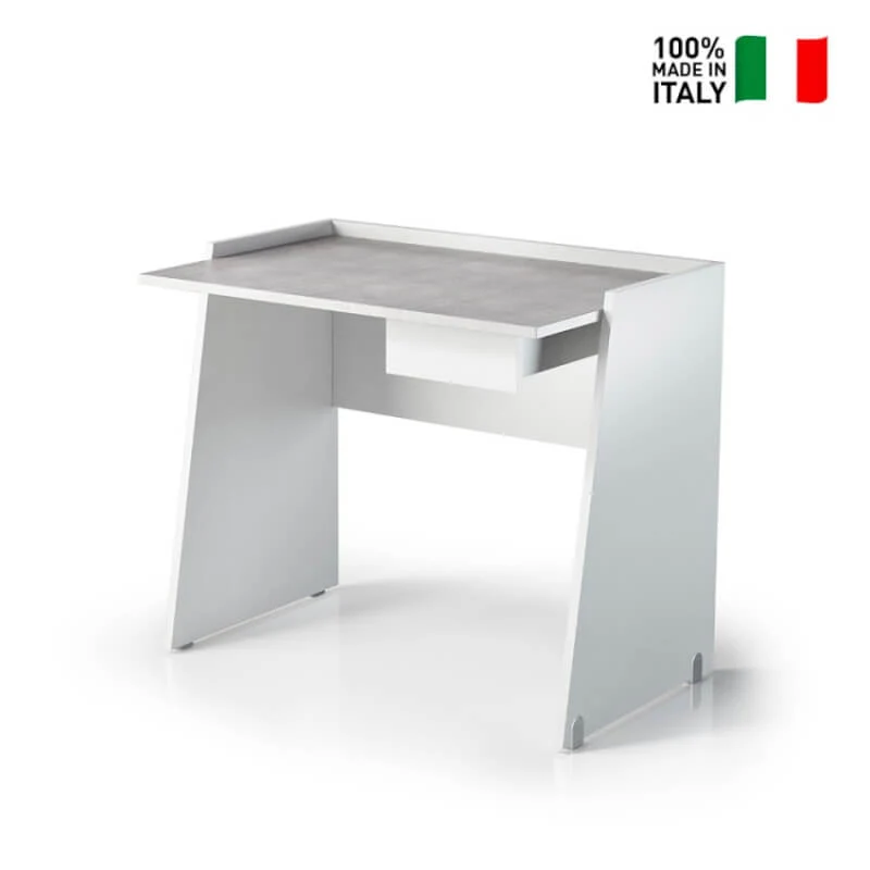 Scrivania Bianca con Cassetto e Piano Effetto Cemento Grigio