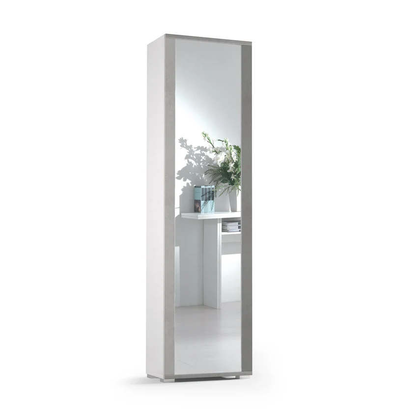 Scarpiera Con Anta A Specchio, 7 Ripiani, Bianco/Cemento