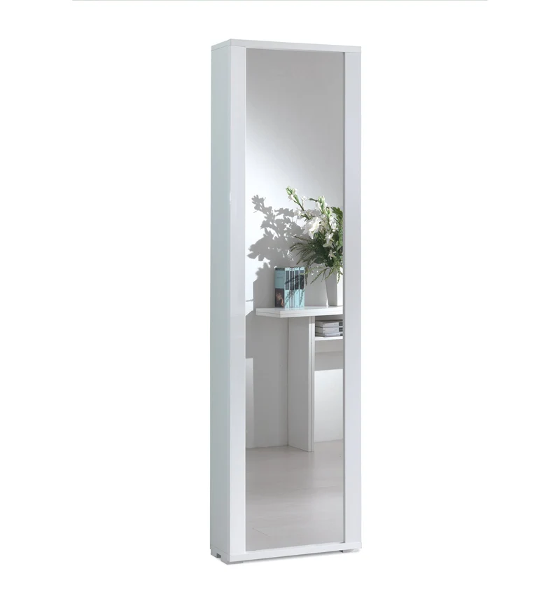 Scarpiera Con Anta A Specchio, 7 Ripiani, Bianco/Bianco