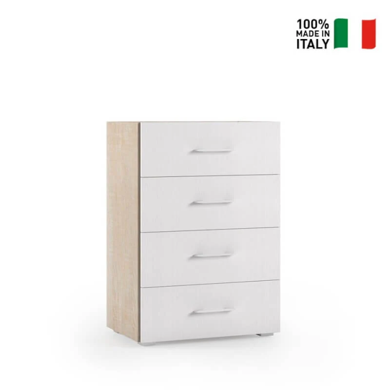 Mobile 4 Cassetti Guide In Metallo E Piano Con Vassoio Contenitore rovere con frontali bianco