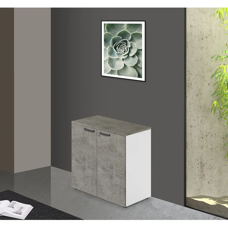 Mobile da ufficio basso due ante con serratura colore Cemento H87x90x45cm