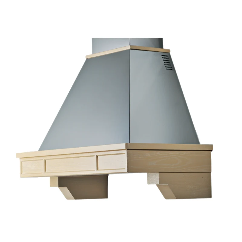 Cappa aspirante BRIDGE, inox silver, cornice legno intarsio, 120 cm