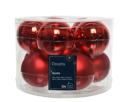 Box 10 palline di natale in vetro rosso lucido satinato cm 6