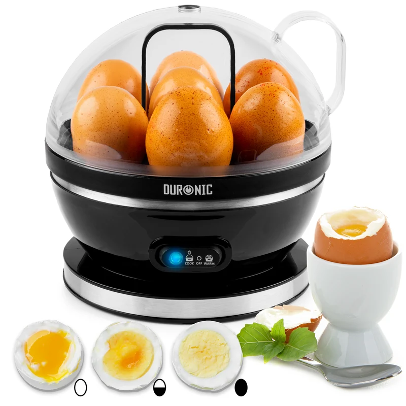 Duronic EB27 BK Cuociuova 400W, Fino a 7 uova, Sode, alla coque o medie, Cuoci uova, Bollitore uova con Funzione mantenimento in caldo, Misurino e coppette per cottura in camicia
