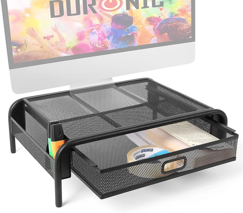 Duronic DM072 Supporto Monitor con cassetto | Capacità 10 kg | Dimensioni 33 cm x 26 cm | Supporto da Tavolo in Metallo | Piattaforma ergonomica per Monitor Laptop Tablet |