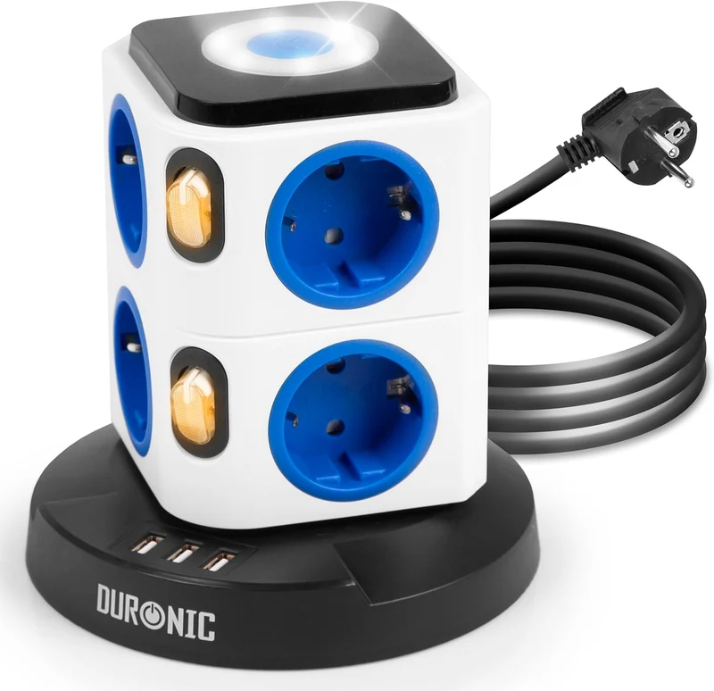 Duronic ET8L Multipresa Torre 3680W con 8 Prese Schuko + 3 USB + Luce LED Notturna Touch, Ciabatta Elettrica Verticale con Protezione Sovraccarico e Cavo 1.8m, Torre Multipresa USB Casa Ufficio