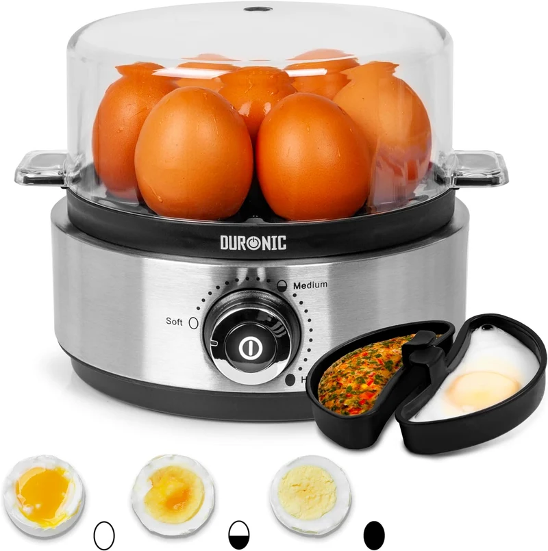 Duronic EB40 BK Cuociuova elettrico, 400W Cuoci uova fino a 7 uova, Bollitore uova per uova Sode Medie Alla coque Cuocitore di Uova, 2 vassoi per Frittata e uovo in camicia, Omelet maker Egg cooker