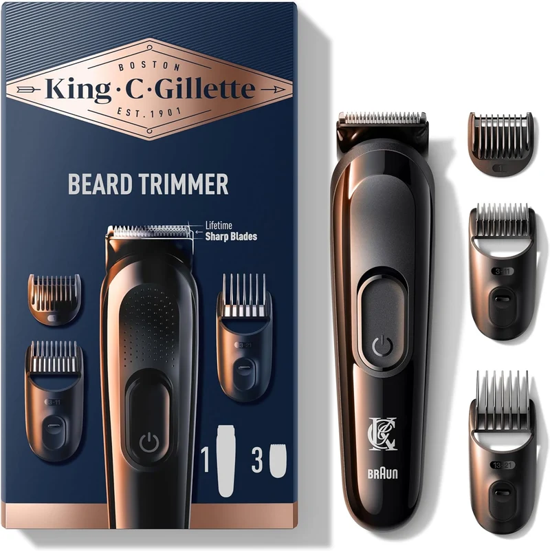 King C. Gillette Kit REGOLABARBA UOMO, 1 Testina, 3 Pettini Regolatori, 1 Spazzolina, 1 Caricatore, RASOIO BARBA ELETTRICO