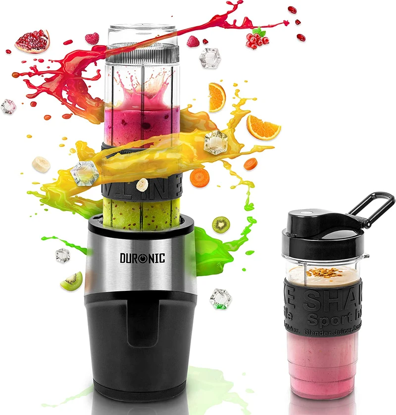Duronic BL520 Mini frullatore elettrico 500W, Frullatore portatile con 2 borracce da 570ml e 400ml senza BPA, Blender compatto portatile, Frullatore per smoothie, cocktail, cibo per bebe, frullati