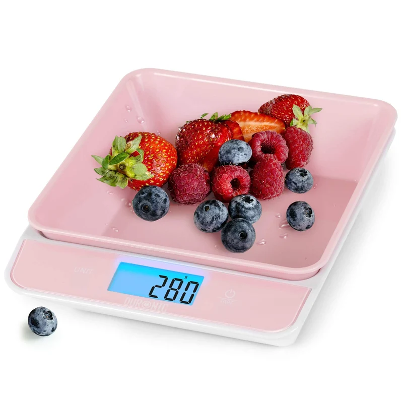 Duronic KS100 PK Bilancia da cucina - Bilancia ad alta precisione con display digitale retroilluminato - Portata 1g / 5 kg - Bilancia con ciotola integrata rosa da 1,2L - Funzione Tara