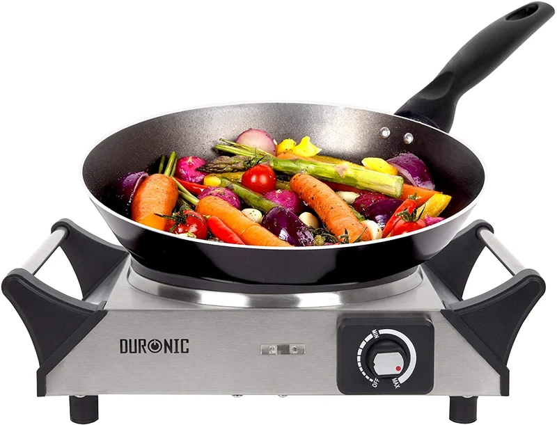 Duronic HP1 SS Fornello elettrico 1500W | 1 Piastra elettriche in ghisa con manici per il trasporto e Temperatura regolabile | Piano cottura 1 fuoco ideale per campeggio esterno o interni | Argento
