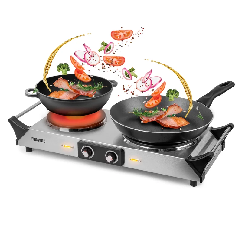 Duronic HP2 SS Fornello Elettrico 2500W, 2 Piastre in Ghisa con Manici Termoisolati, Temperatura Regolabile, Piano Cottura Portatile per Campeggio Viaggi Ufficio e Casa, Acciaio Inox Argento