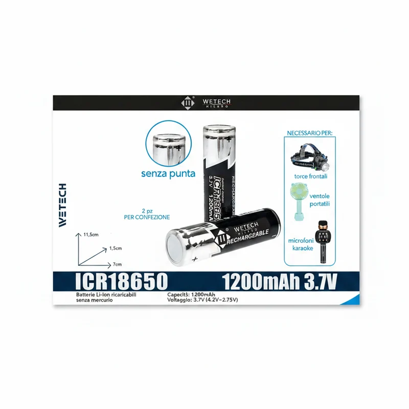Wetech Batteria Li-Ion Ricaricabile Icr18650-1200Mah Senza P
