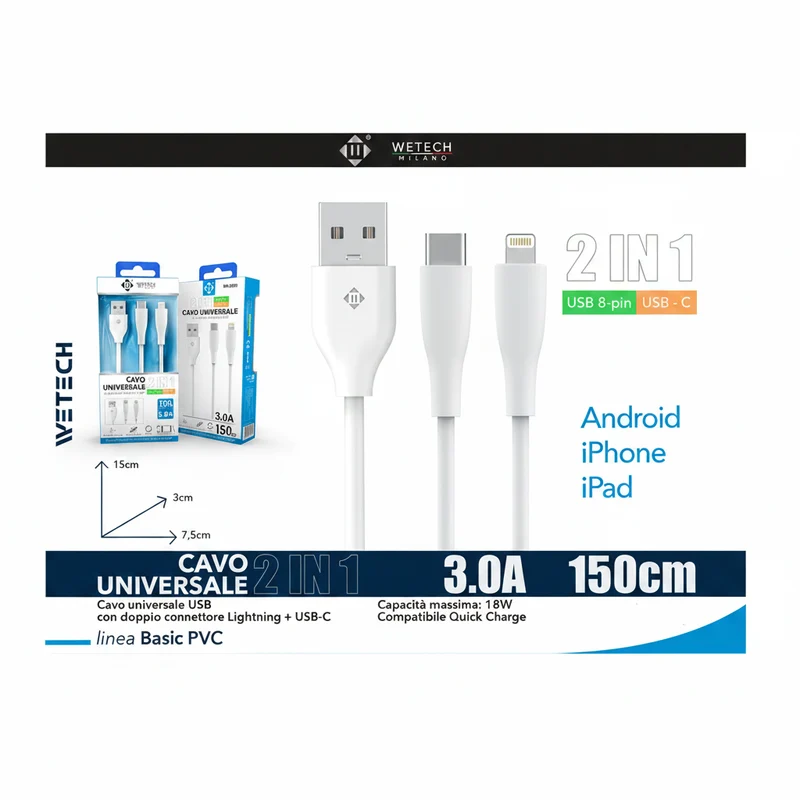 Wetech Cavo 2 In 1 Usb 8Pin C 150Cm