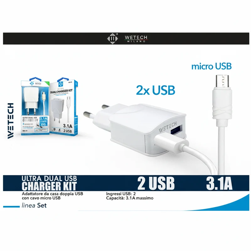 Wetech Set Casa Caricatore 31A Con Cavo Micro Usb