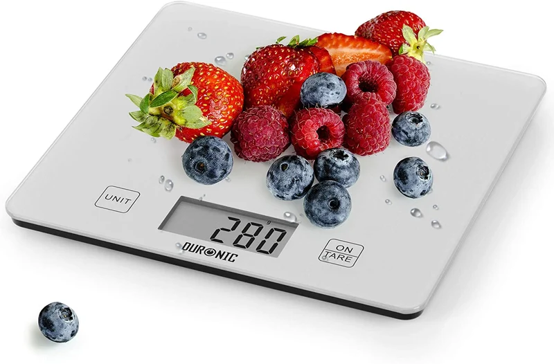 Duronic KS1080 Bilancia da cucina - Bilancia ad alta precisione con display digitale - Portata 1g / 5 kg - Piattaforma in vetro argento - Funzione Tara - Ideale per cucina e pasticceria