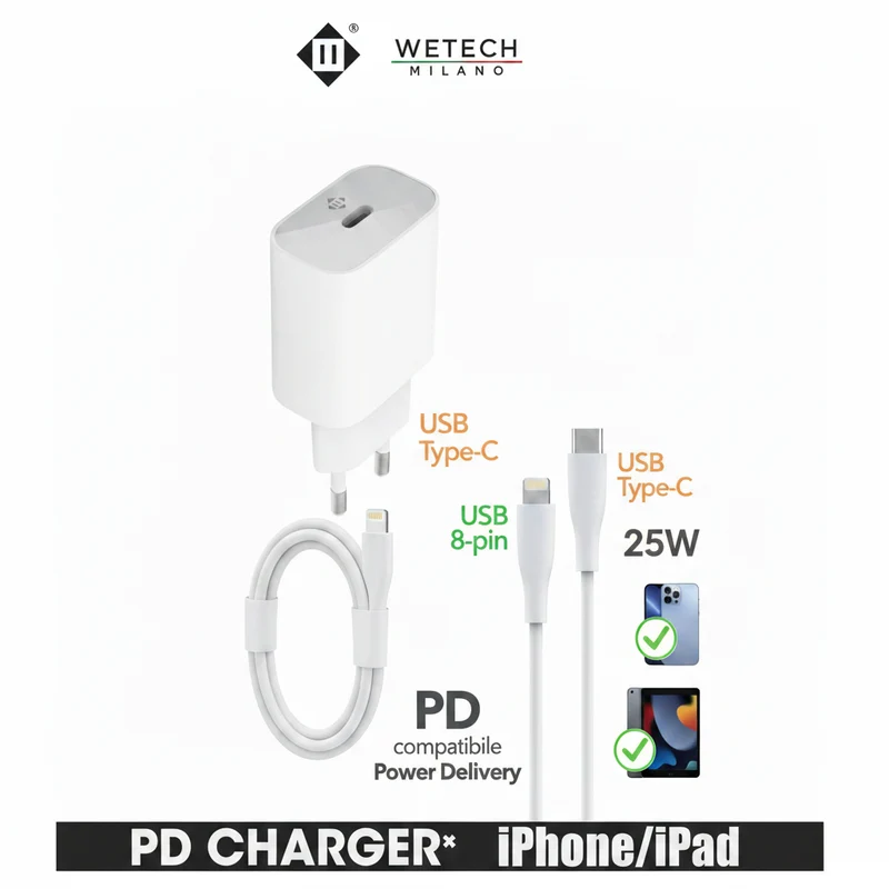 Wetech Caricatore Da Muro Usb C C/Cavo Usb 8Pin
