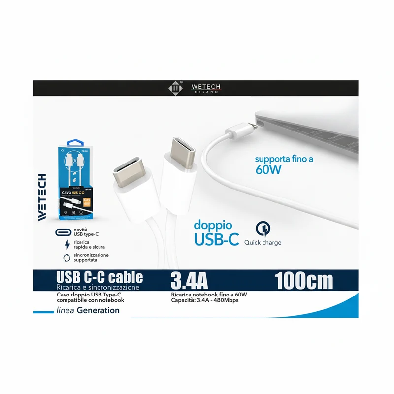 Wetech Cavo Usb C-C Quickcharge 3.4A 1Mt Smartphone/Notebook