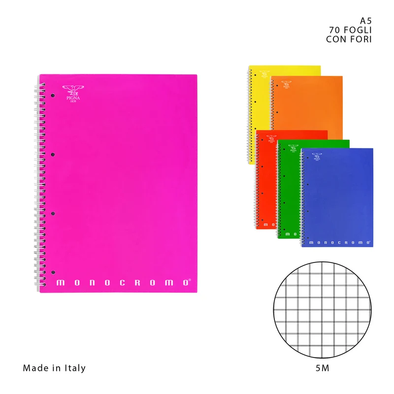 Pigna Quaderno Spirale Monocromo C/Fori A5 70FF 5M