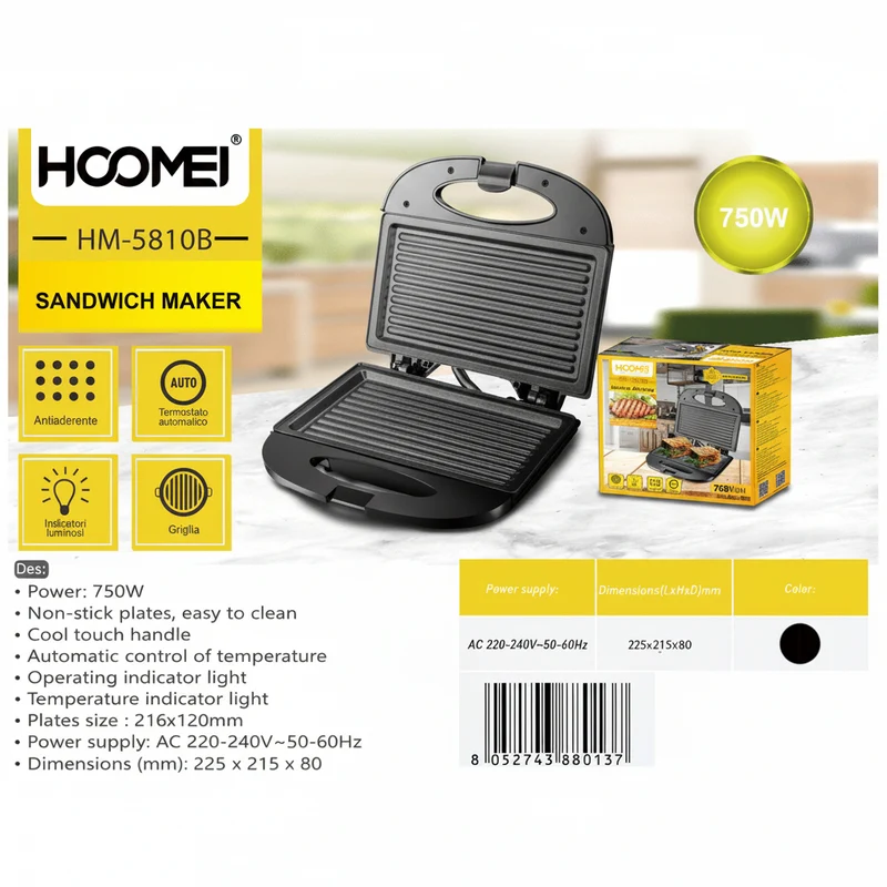 Hoomei Piastra Tostiera Elettrica Per Toast 750W Hm-5810