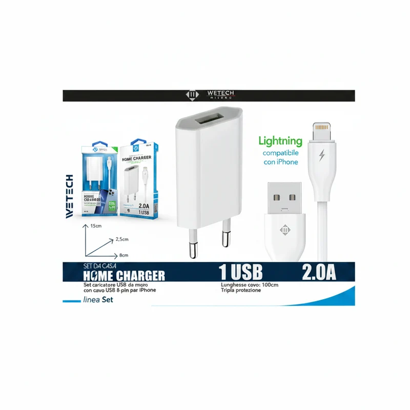 Wetech Set Casa Caricatore D/Muro 2A + Cavo 8 Pin