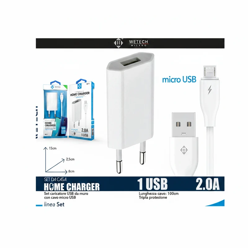 Wetech Set Casa Caricatore D/Muro 2A + Cavo Micro Usb