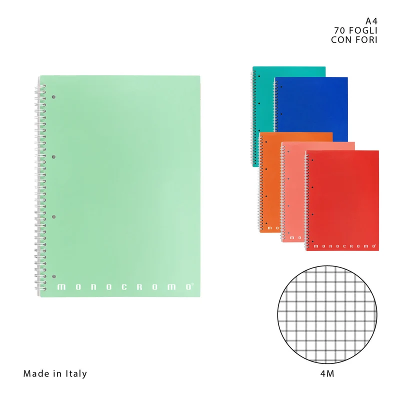 Pigna Quaderno Spirale Monocromo Con Fori A4 70FF 80g 4Mm