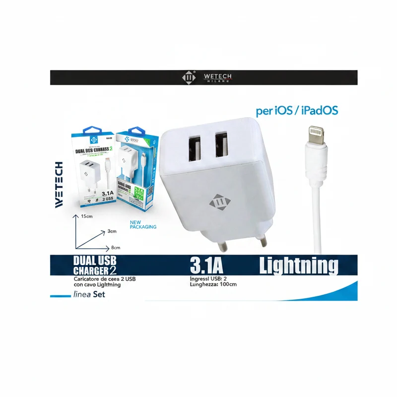 Wetech Set Casa Caricatore 2 Usb 2.4A + Cavo Lightning