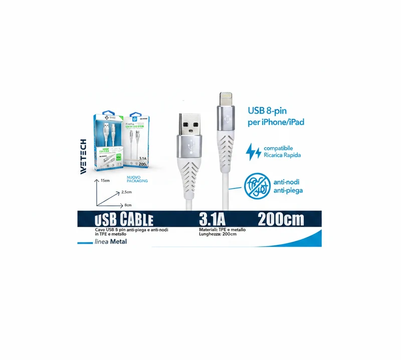 Wetech Cavo Lightning Antipiega E Antinodi 3.0A 2Mt