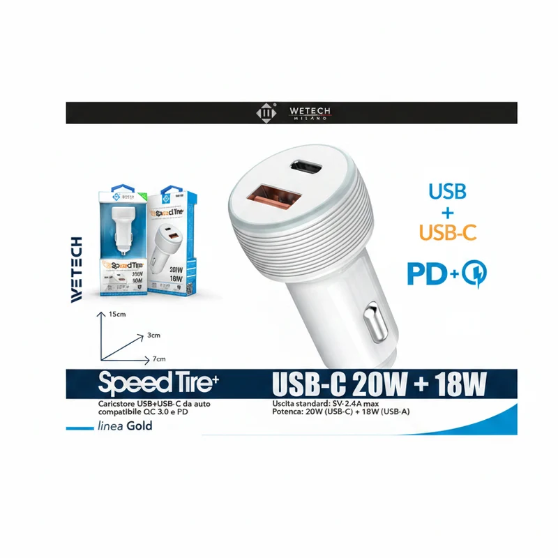 Wetech Adattatore Auto Caricatore Usb + Usb-C Da Auto