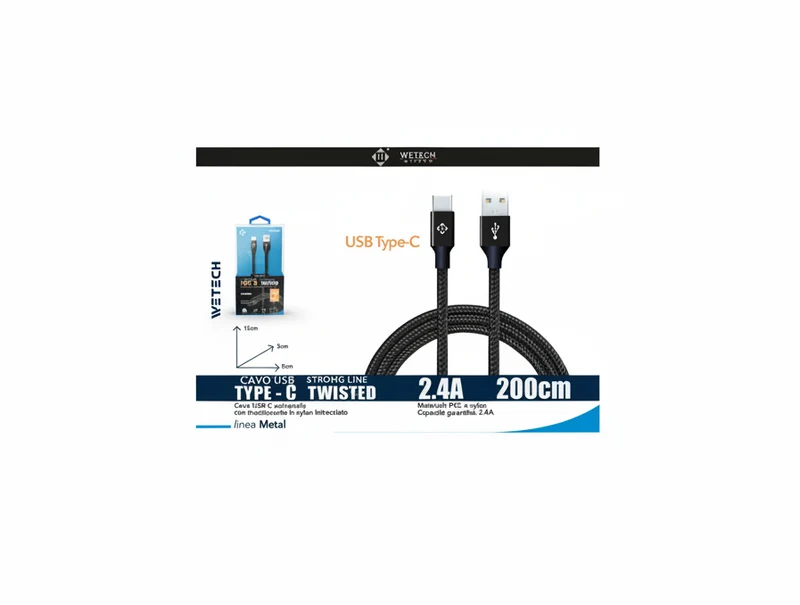 Wetech Cavo Usb C Febric 200Cm 2.4A-Nero