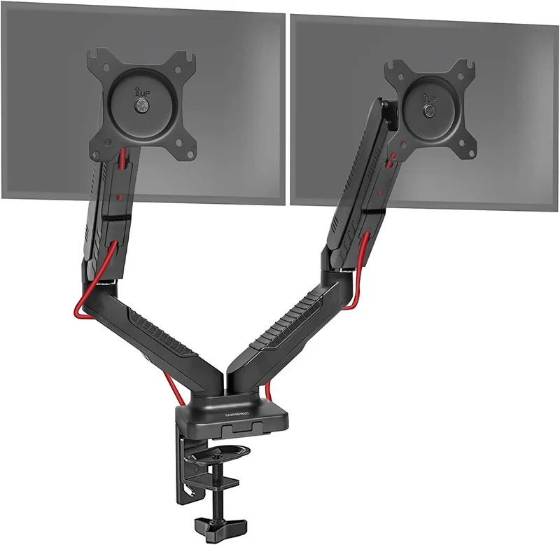 Duronic DMDC52 Supporto da scrivania per 2 monitor 13 24 staffa schermo due braccia estensori regolazione a gas morsetto tavolo VESA MAX 100 x 100mm struttura acciaio INOX portata 6.5kg