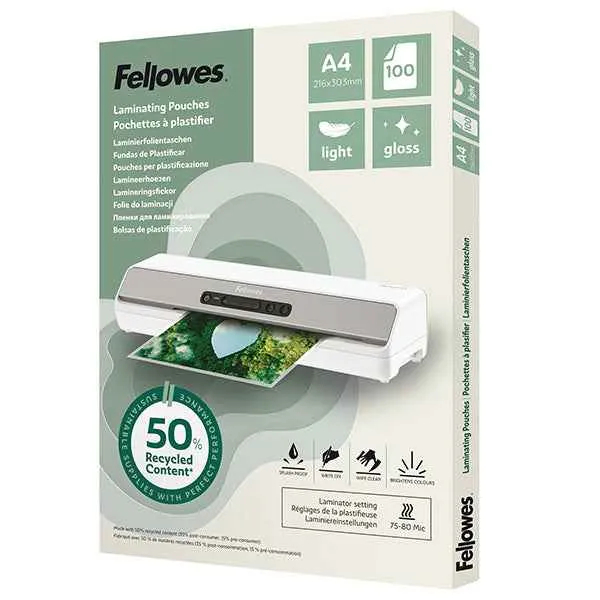 Pouches riciclate - A4 - 2x80 micron - Fellowes - scatola 100 pezzi