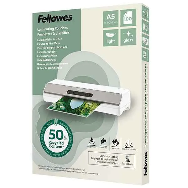 Pouches riciclate - A5 - 2x80 micron - Fellowes - scatola 100 pezzi