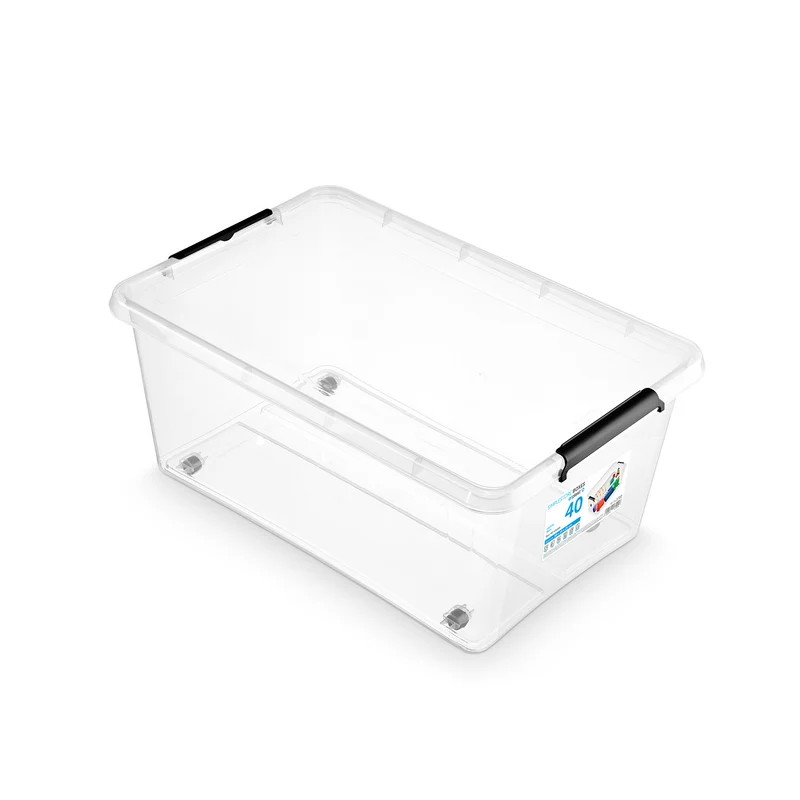 Contenitore Moxom SimpleStore, capacità 40 L, trasparente, coperchio a clip, dotato di rotelle, senza BPA, 04-0076