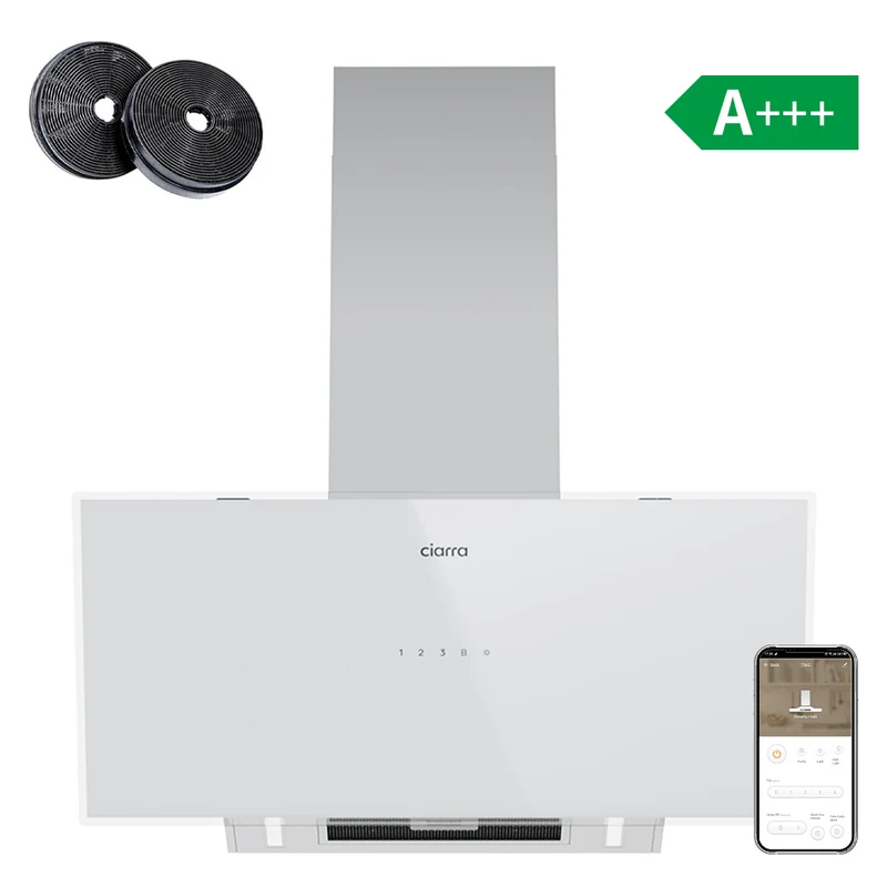 Ciarra Cappa Aspirante Inclinata 90 cm A+++ Vetro Bianco con Doppia Aspirazione Smart WiFi CBCW9763A-OW