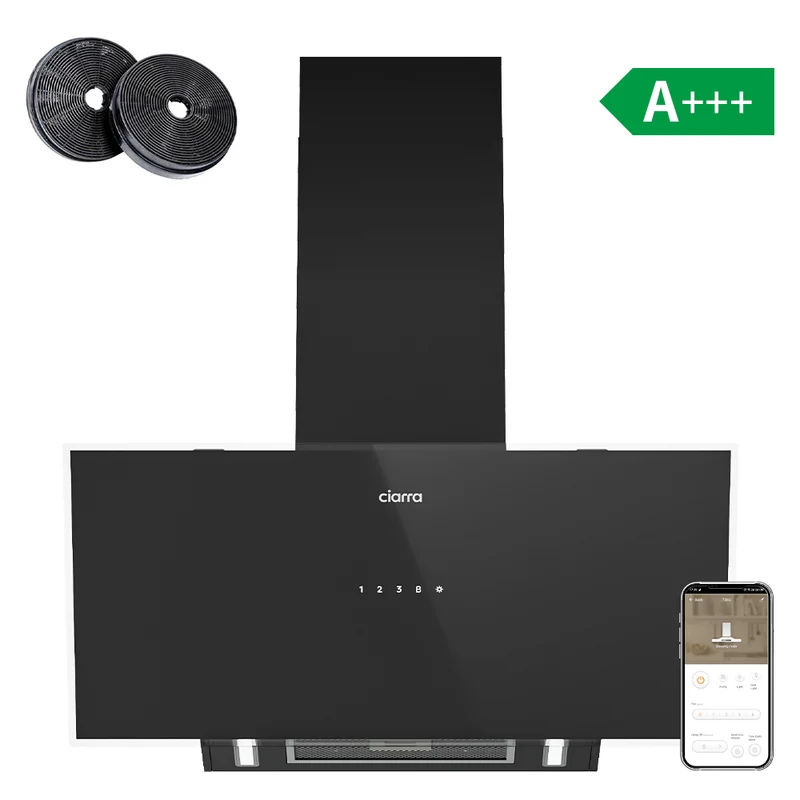 Ciarra Cappa Aspirante Inclinata 90 cm A+++ Cappa da Cucina Vetro Nero Smart WiFi CBCB9763A