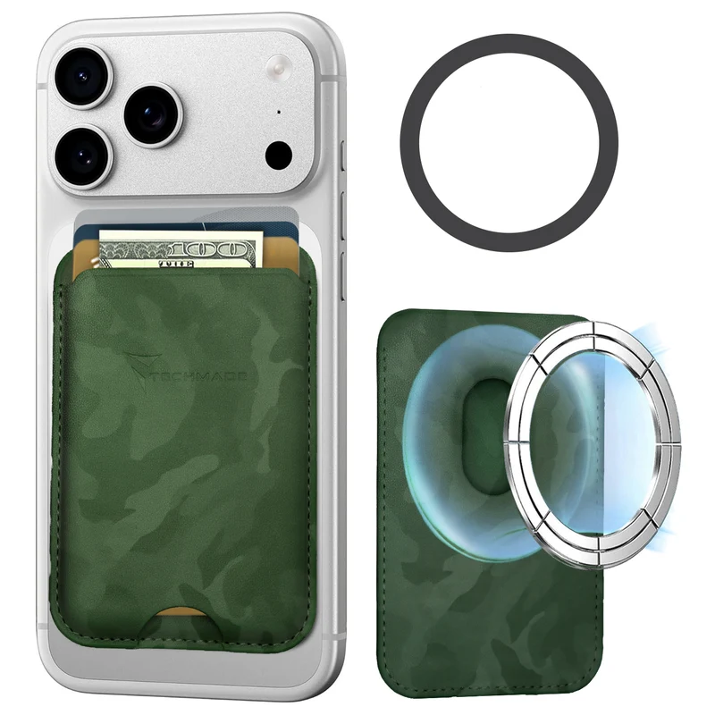 Slim Wallet compatibile MagSafe - Fino a 3 carte, con Anello adattatore (Pattern Camo)