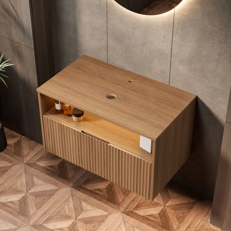 Mobile bagno sospeso in compensato con cassetto e frontale in legno massello, rovere marrone